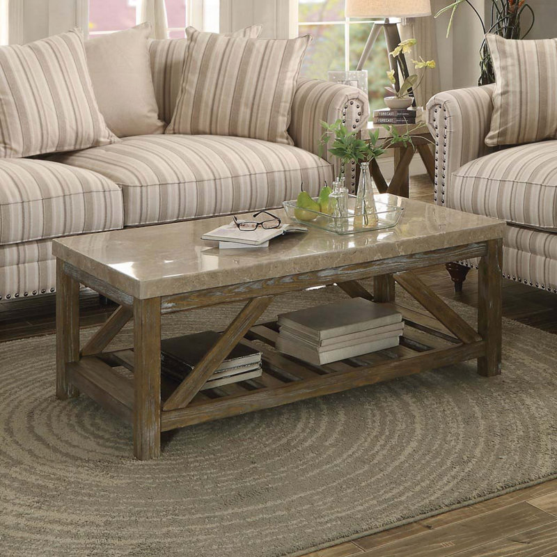 Table basse industrielle avec plateau en marbre et tablette inférieure - blanc crème