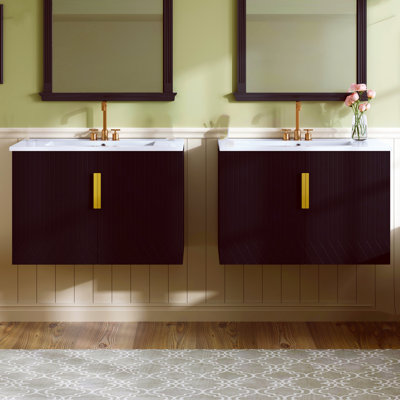 Ensemble de meuble-lavabo autoportant de 60 pouces avec lavabo en céramique, comprenant un lavabo simple en céramique à 3 trous et des portes à fermeture en douceur, noir