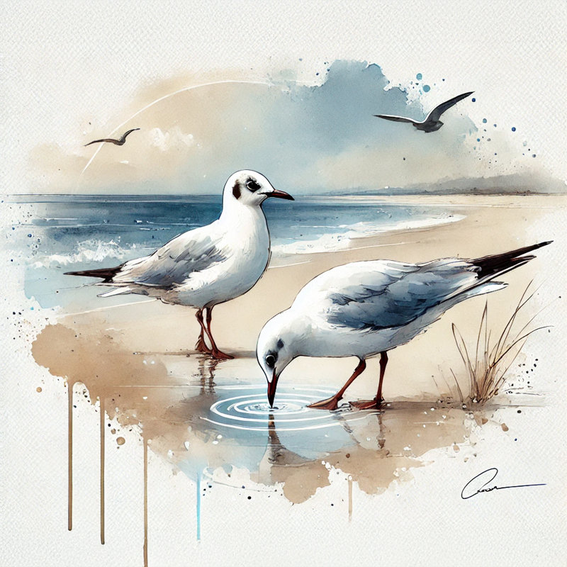 «Coastal Reflections - Seagulls by the Shore», reproduction d'art sur toile, 12" H x 12" W x 1" D