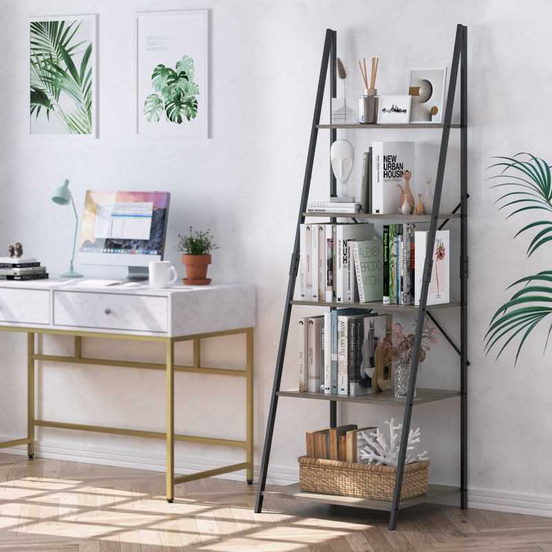 Roselyn 180.5cm H x 60cm W Iron Ladder Bookcase, Black/Grey