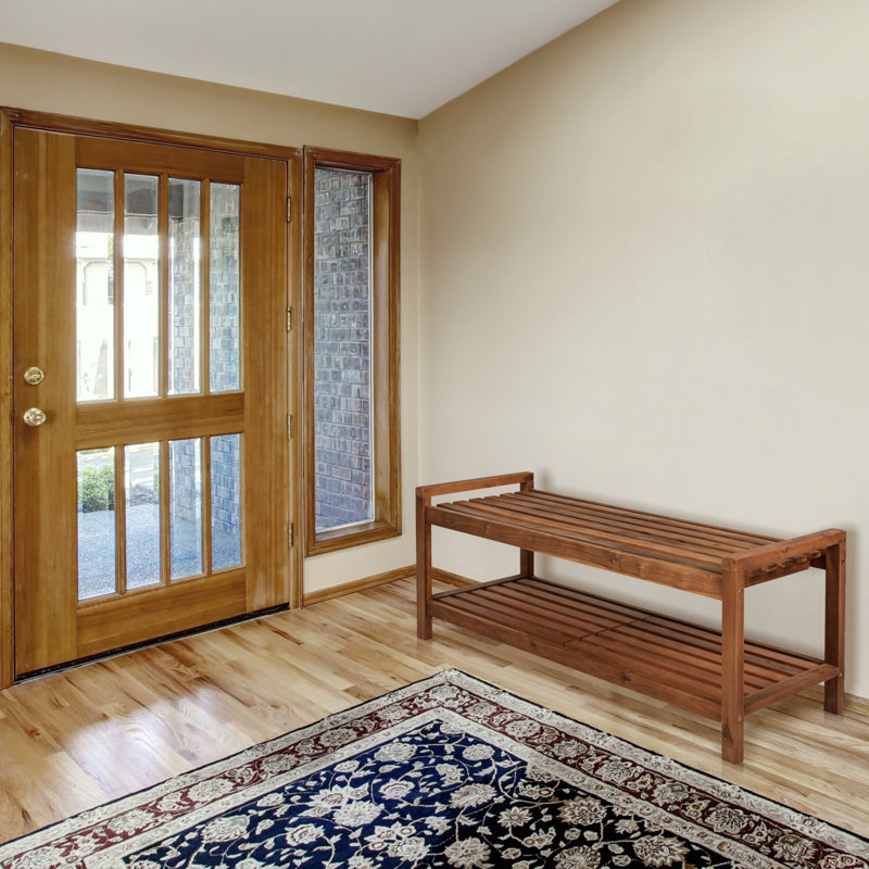 Blane 51" Minimalist Solid Acacia Wood Backless Indoor/Outdoor Bench with Bottom Shoe Storage Shelf for Entryway and Patio, Teak Finish