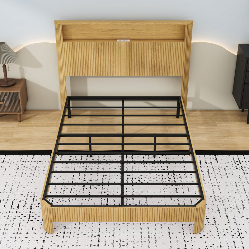Lit plateforme en bois avec tête de lit et station de charge, Double XL, Naturel