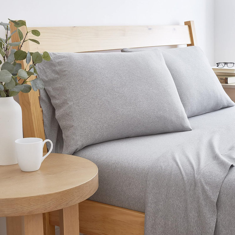 Jersey Knit Full Size Sheets 4pc|100% T-Shirt Cotton Breathable Jersey Sheets Set| All Season , Gray, Full/Double, Gray