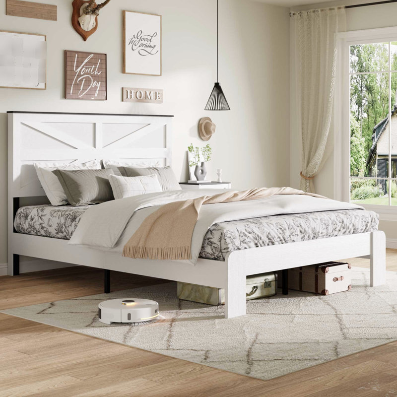 Structure de lit pour grand lit en bois blanc et métal avec tête de lit, bruit, sans sommier, assemblage facile, style industriel, lit plateforme en forme de mi-chambre, design, look simple et élégant, rangement sous le comptoir