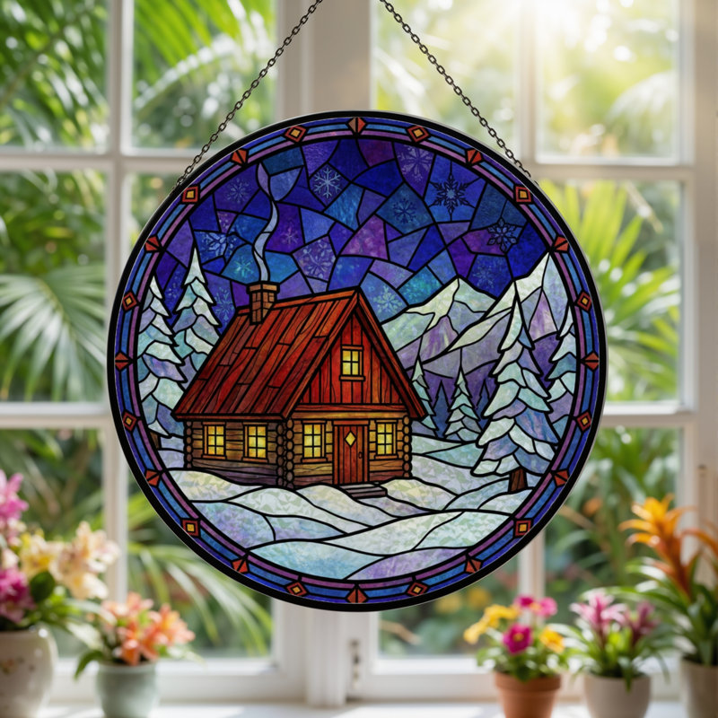 7.8"H Winter Cabin Stained Glass Window Panel, 7.8" H x 7.8" W