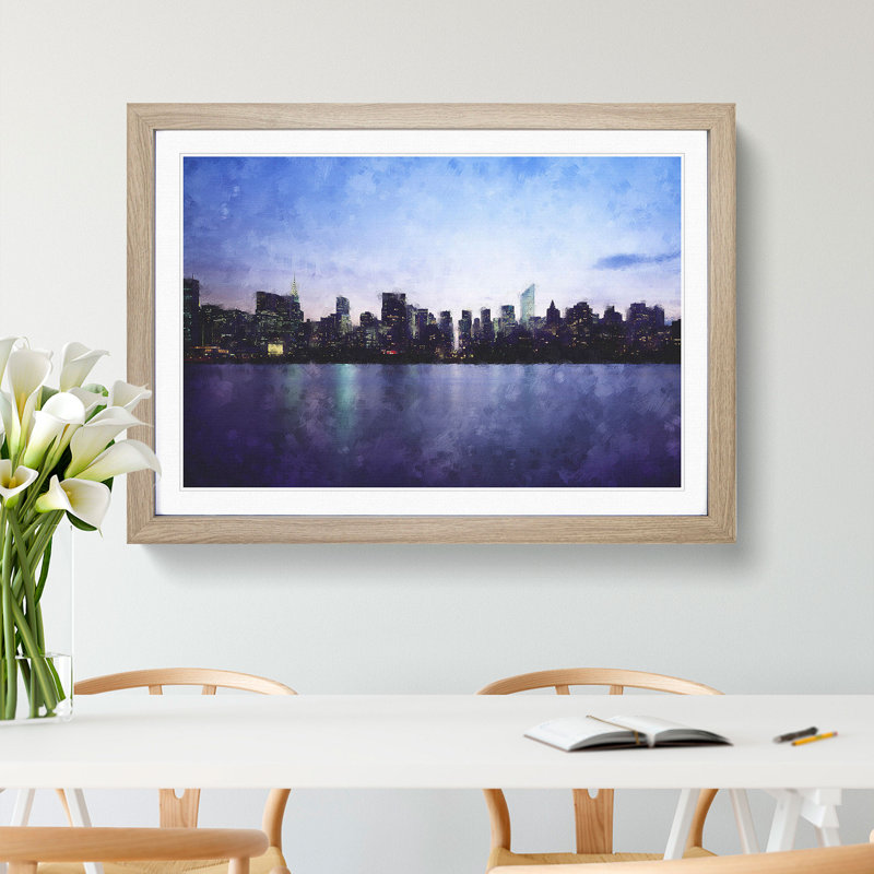 Night Skyline of New York - Picture Frame Graphic Art Print, 24cm H x 33cm W x 2cm D, Oak Framed