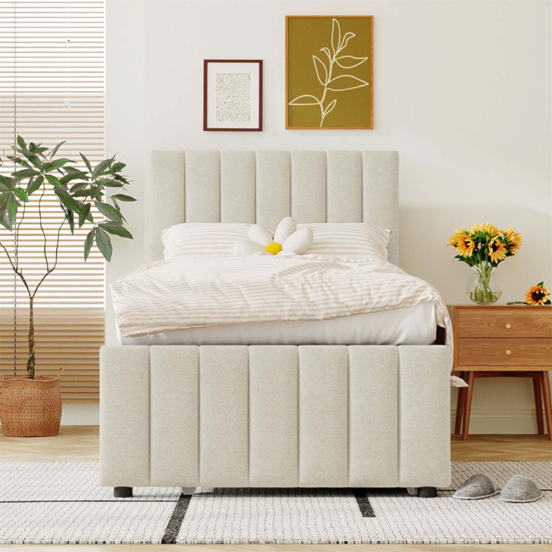 Lit plateforme simple tapissier avec lit gigogne et 3 tiroirs, tissu en lin pour plus de sommeil et de rangement, Beige