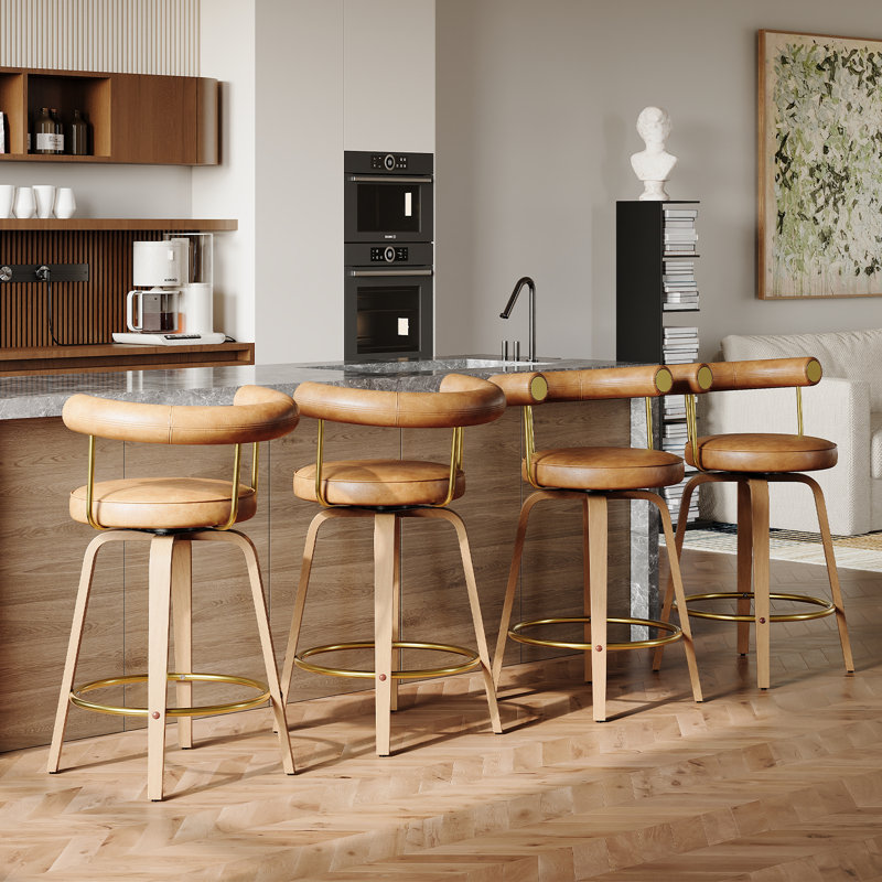 26" Faux Leather Swivel Bar Stools With Bent Wood Legs  (Set Of 4), Brown