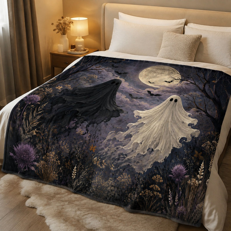 Couverture polaire « Couple fantomatique et pleine lune », motif de chauves-souris et ciel nocturne, idéal pour canapé, chambre ou salon.