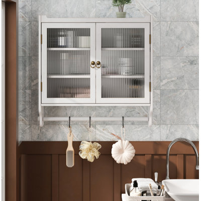 Armoire murale à double porte en verre avec trois niveaux de rangement et porte-serviettes, pour salle de bain, cuisine, salle à manger, blanc délavé