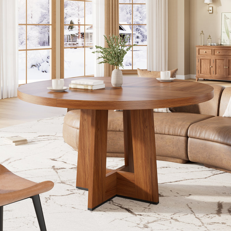  47" Round Dining Table for 4-6 People - Circle Kitchen Dinner Table with Sturdy Pedestal Base, Space Saving Dinning Room Furniture for Living Room, Kitchen, Apartment, Walnut