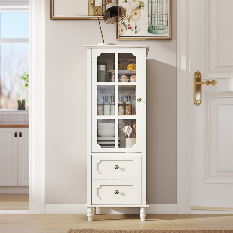 Buffet minimalisme avec portes en verre et double tiroir, Blanc crémeux