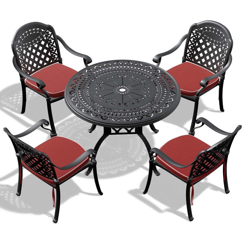 5-Piece Set Of Cast Aluminum Patio Furniture With Red Cushions(Same As W1710S00547), 4