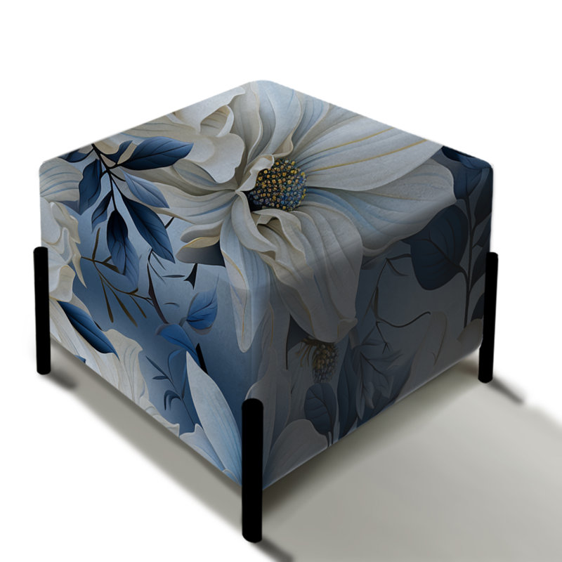 Repose-pieds carré arctique à motif botanique bleu et blanc arctique I