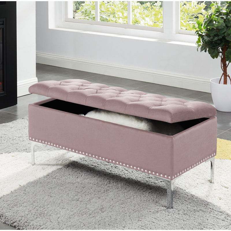 Carmel Velvet Upholstered Storage Bench, Baby Pink