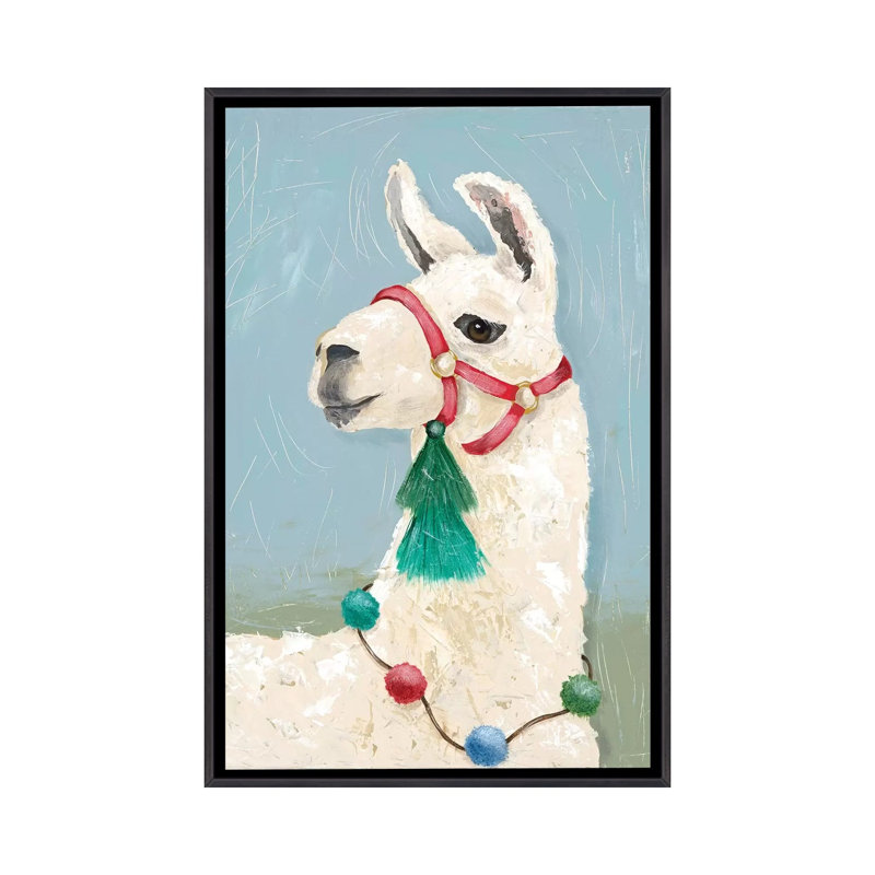 «Painted Llama I» par Jade Reynolds - reproduction, H 26 po x l 18 po x 1,5 po, Toile encadrée noir délavé, Aucun mat