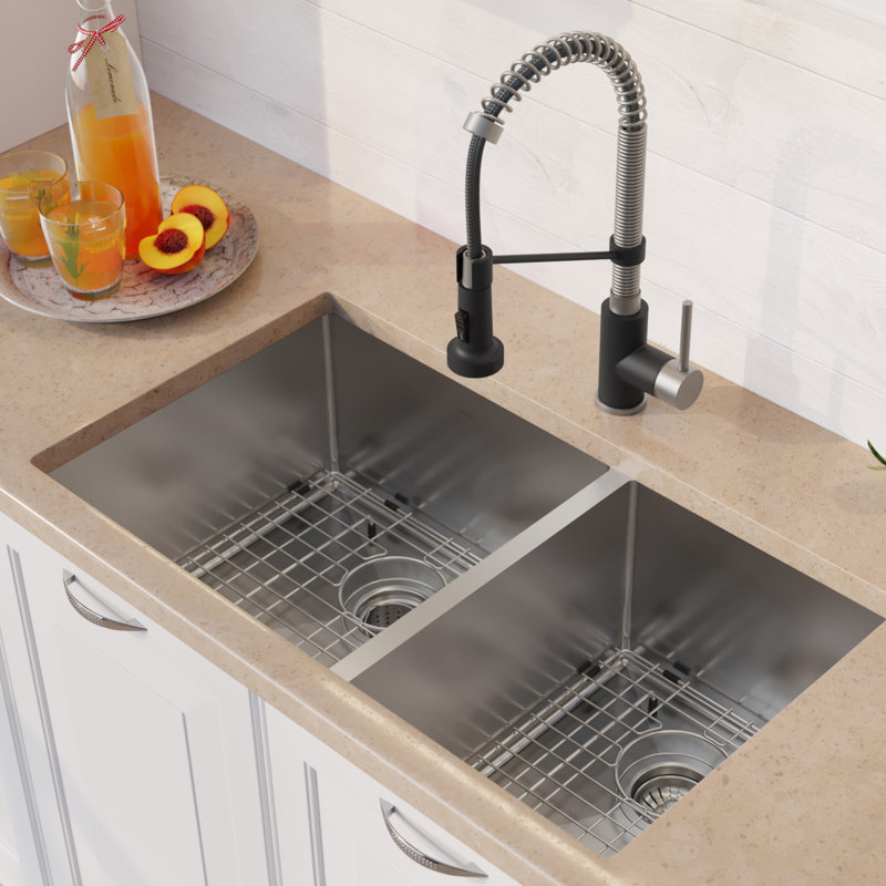 Standart PRO™ 33" L x 19" W Double Basin Undermount Kitchen Sink with Faucet, Stainless Steel/Matte Black