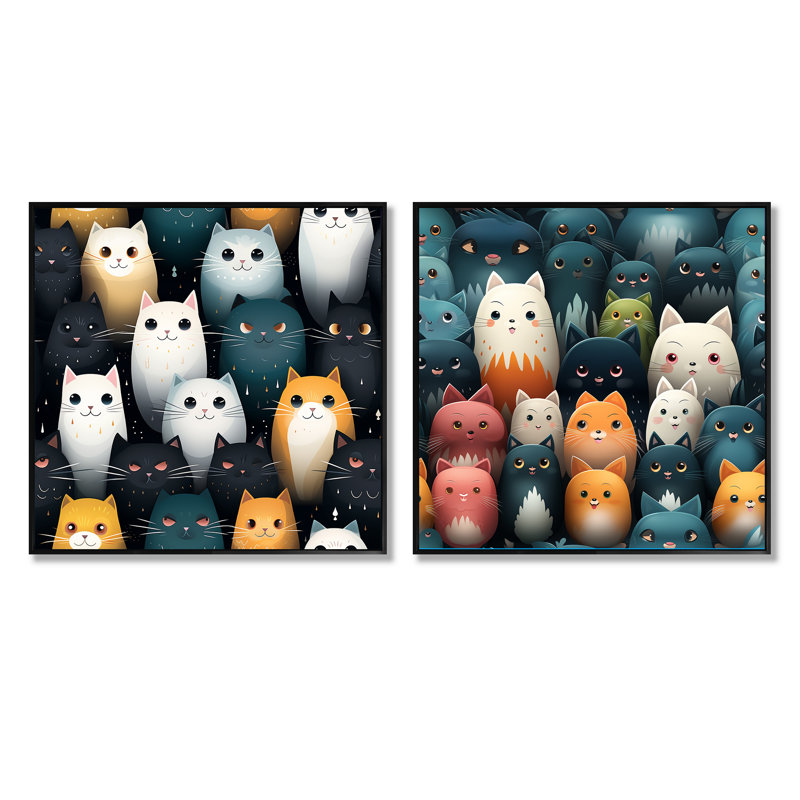 Ensemble de 2 pièces de papier peint pour chat Playful Feline, Cadre flottant noir, H 16 po x l 33 po