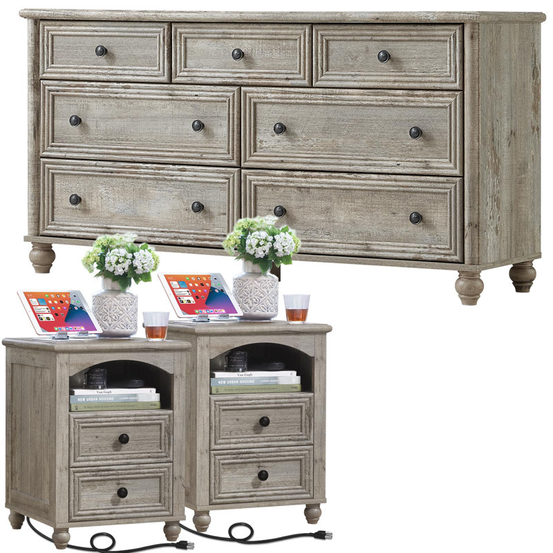 Ensemble de commode 7 tiroirs et 2 tables de chevet, mobilier de chambre à coucher en bois de ferme avec stations de charge, colonne romaine et pieds en bois massif pour la chambre à coucher, le salon et l'entrée