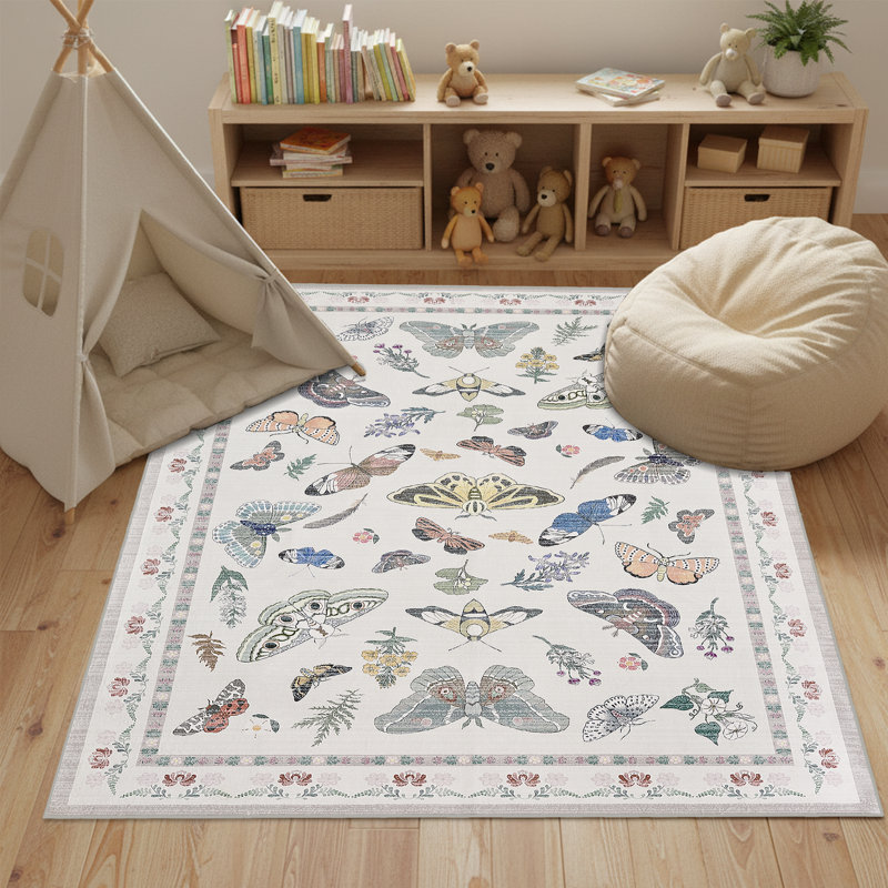White Butterfly Washable Rug Indoor Carpet, Rectangle 8' x 10', White