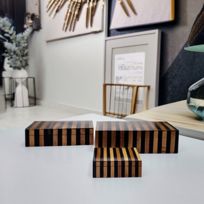 Decorative Storage Boxes Wood Resin Striped Modern Design For Home Office Bedroom Living Room Set Of 3 - 4", 3" Brown & Black