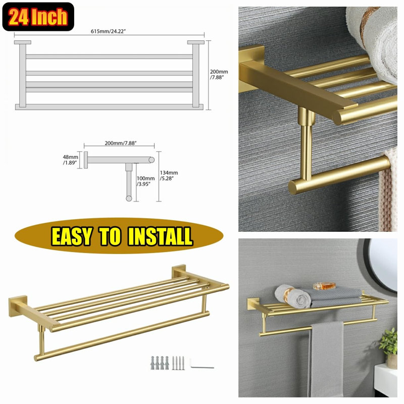 Porte-serviettes mural requis, Or brossé, H 5 po x l 24 po x P 7,82 po