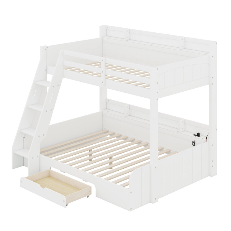 Lits superposés avec tablettes de rangement, tiroir, DEL, station de charge, garde-corps et échelle, Blanc