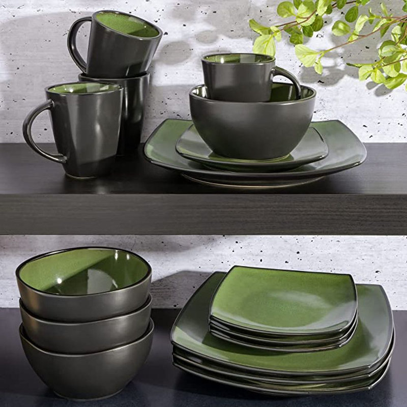 Ivy Bronx  Stoneware Dinnerware - Service for 4, Green/Black