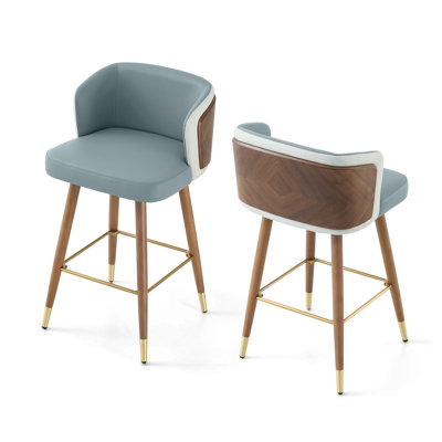 ARTPLAN Bar Stools Set of 2 for Counter Height 34 Inch - Modern Retro Style with Leather Seat & Walnut Wood Frame, Bar Chairs for Kitchen Island, Home Bar, Dining Counter,Steel Gray