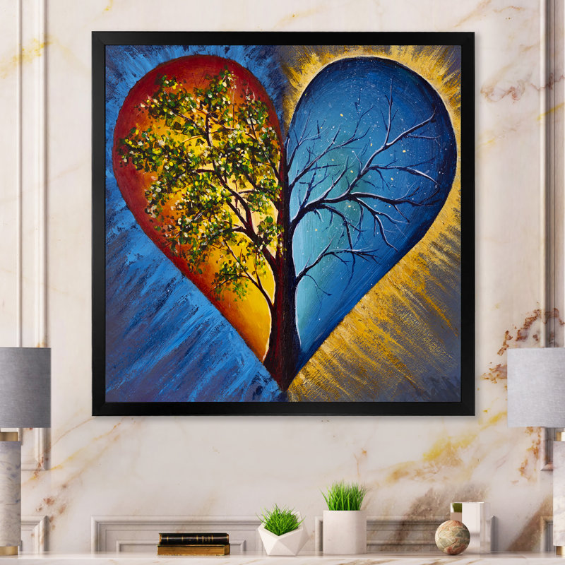 Arbre en bleu et orange - peinture, Cadre photo noir, H 36 po x l 36 po