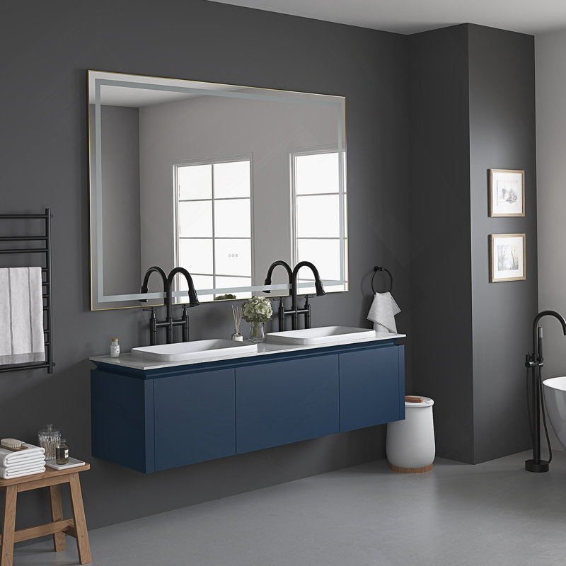Miroir de salle de bain 48 pouces à DEL avec façade et rétroéclairage, miroir de meuble-lavabo mural avec cadre en aluminium, anti-buée, mémoire, gradation continue