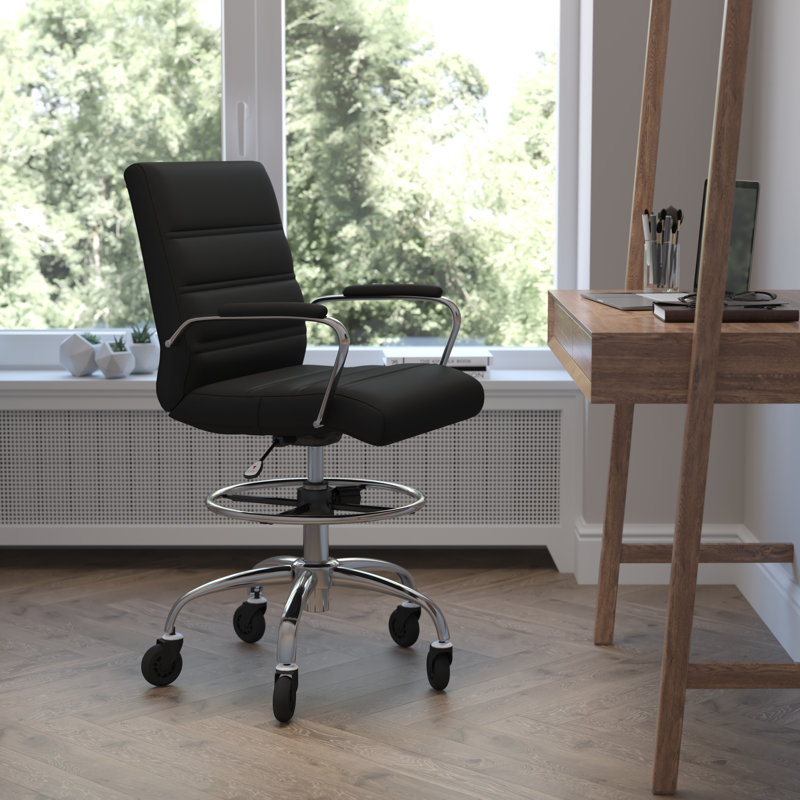  Chaise de dessinateur avec roulettes, anneau de pied réglable, Noir