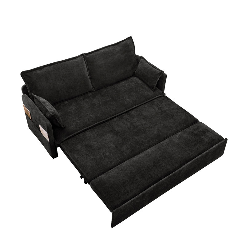 Lit escamotable 59,5 pouces, tissu chenille, rangement latéral pour les lunettes et la télécommande, jeux vidéo de charge de type c dans le salon, canapé-lit 59,5 pouces avec télécommandes, chambre de jeu