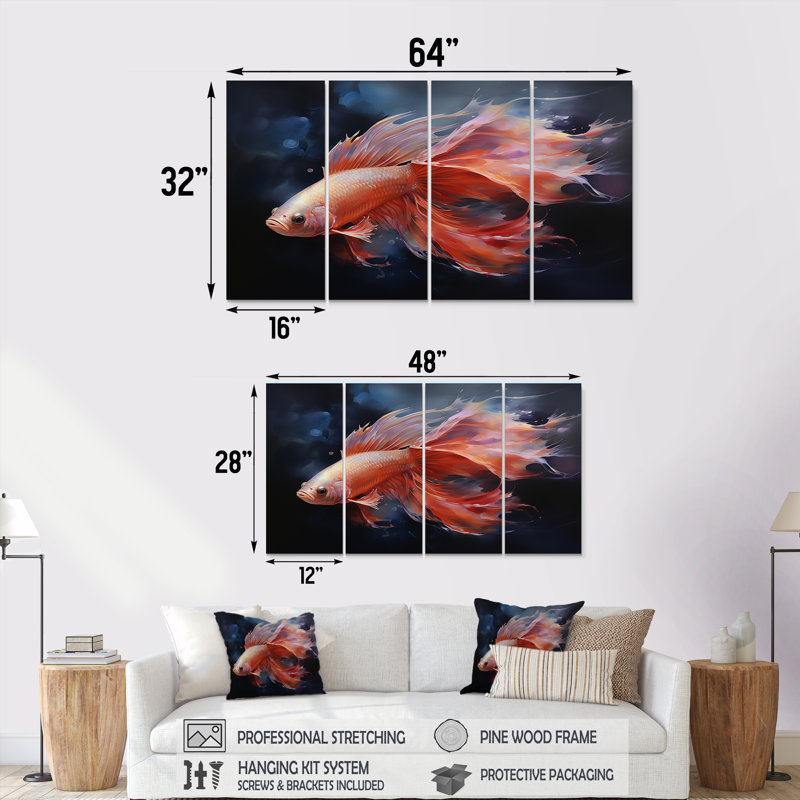 Vibrant Red Betta Fish Majestic Tail - Fish Animal Wall Art Decor Set 4 Piece, 32" H x 64" W