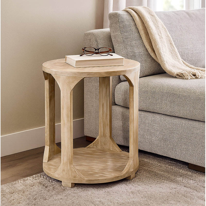 Keyston Round End Table With Shelf,  Natural Wood