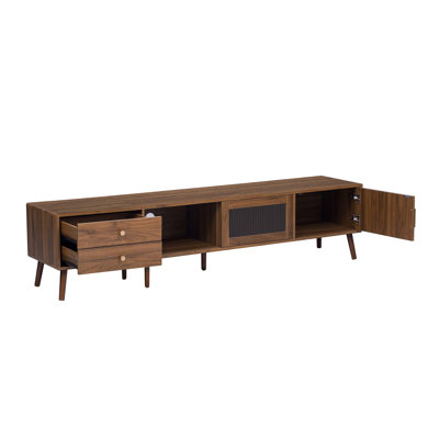 Modern Minimal Glass-Doors TV Stand with Wood-Grain Storage Cabinets