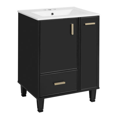 Armoire de salle de bain 24 po avec lavabo en céramique, panier à 2 niveaux et tablette de porte