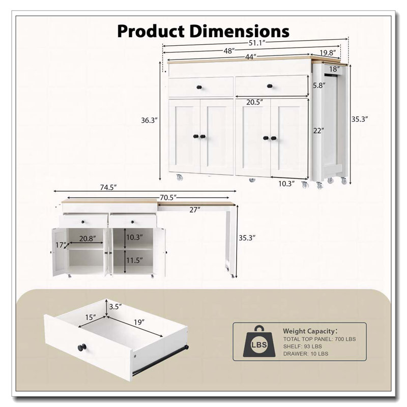 Kitchen Island with Extendable Dining Table,Spice Rack and 2 Drawers, Kitchen Storage Cart with 4 Door Cabinet, White