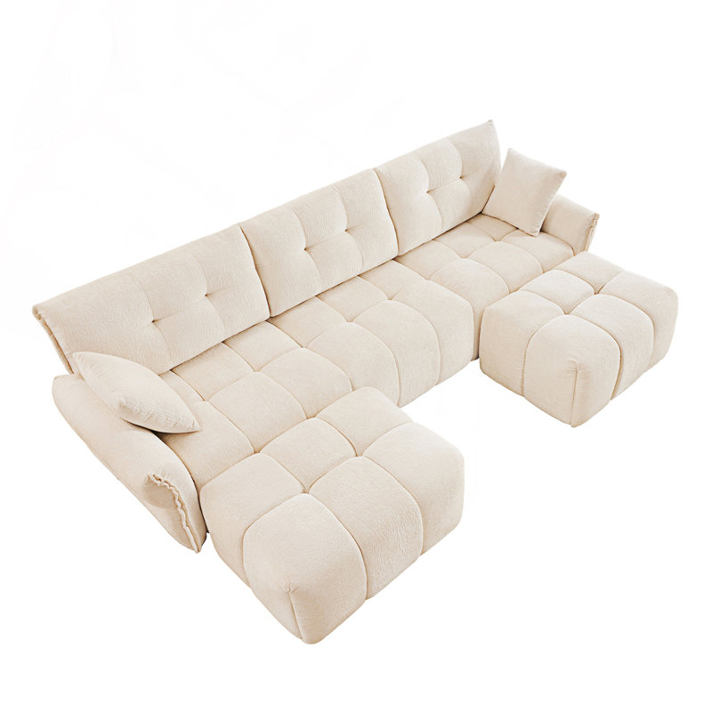 Ensemble de canapé 3 places avec repose-pieds et coussins décoratifs, Chenille blanche