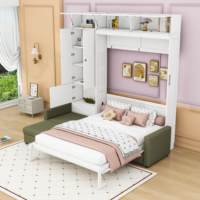 Grand lit escamotable en bois avec tablettes et canapé rembourré, Vert