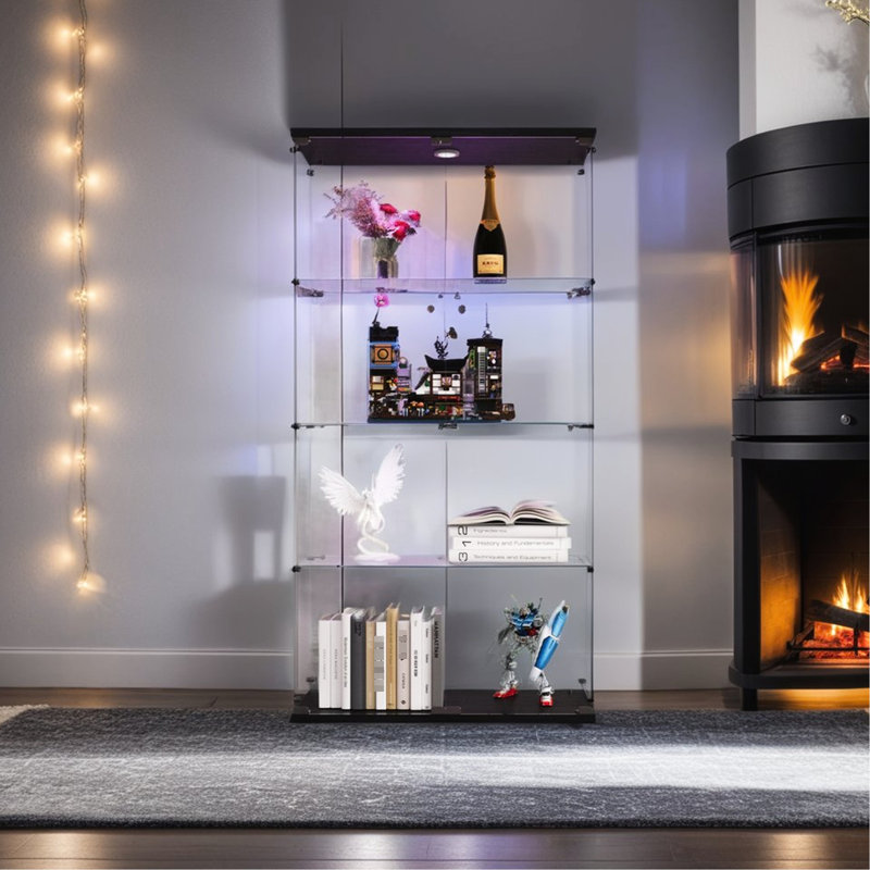 Vitrine en verre noire à 4 tablettes éclairées avec serrure - 65,02 H x 32,56 L 14,25 W, avec 12 options de couleurs par télécommande, bois massif trempé de 5 mm, coffre-fort, capacité de 15 lb, vitrines