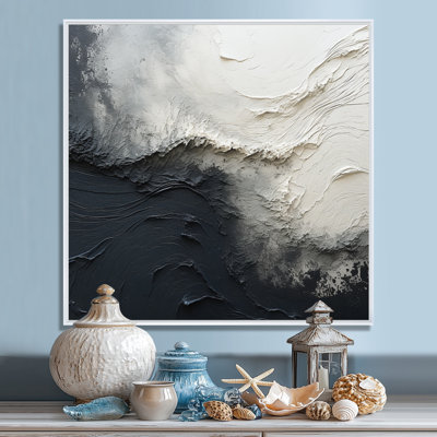 Minimalisme, peinture noire et blanche, vague I - art mural encadré bord de mer