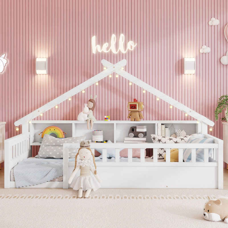 Lit en bois avec bibliothèque et lumière, Lit simple, Blanc