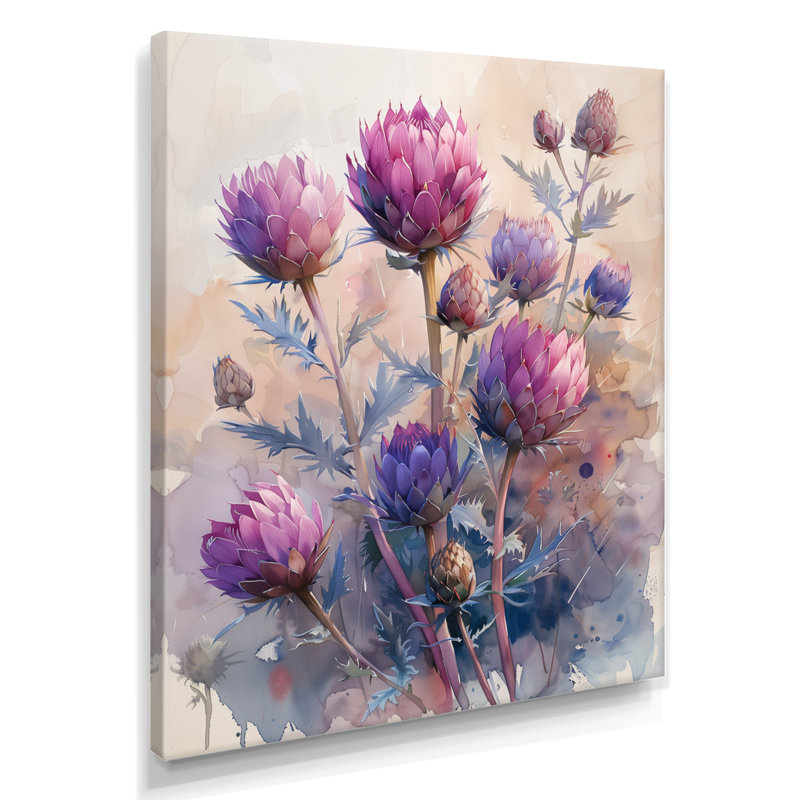Matinée d'été, chardon mauve, fleurs - chardon, art mural, H 44 po x l 34 po x P 1,5 po, Toile tendue