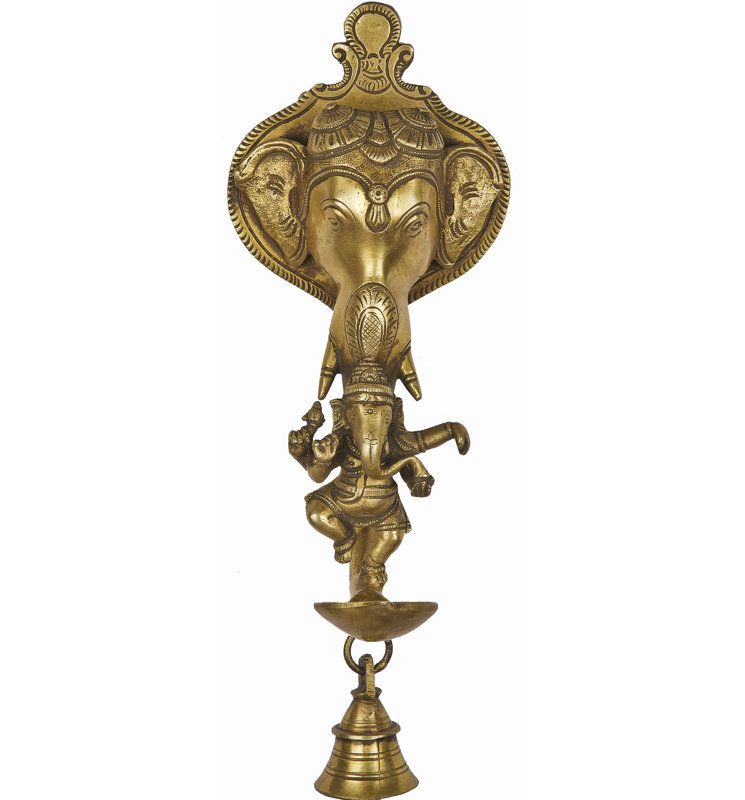 11" Brass Elephant Wall Sconce with Dancing Ganesha & Bell | Antique Gold Indian Oil Lamp (Diya) | Handcrafted Traditional Wall Décor