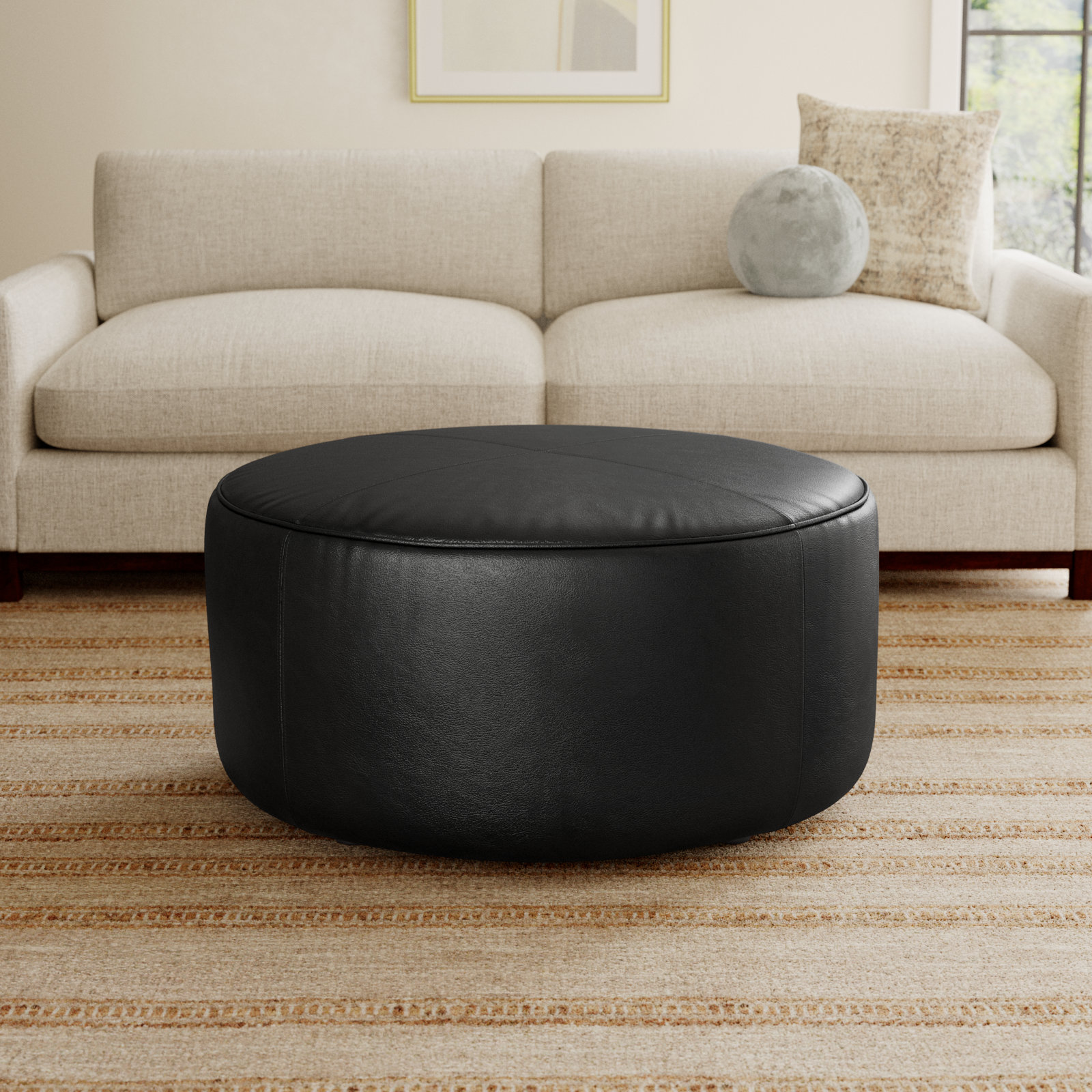 Murano 37" Genuine Leather Round Ottoman, Revelation Midnight Genuine Leather