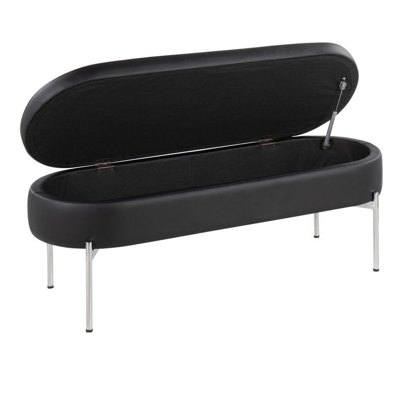 Faux Leather Upholstered Storage Bench, Black/Chrome