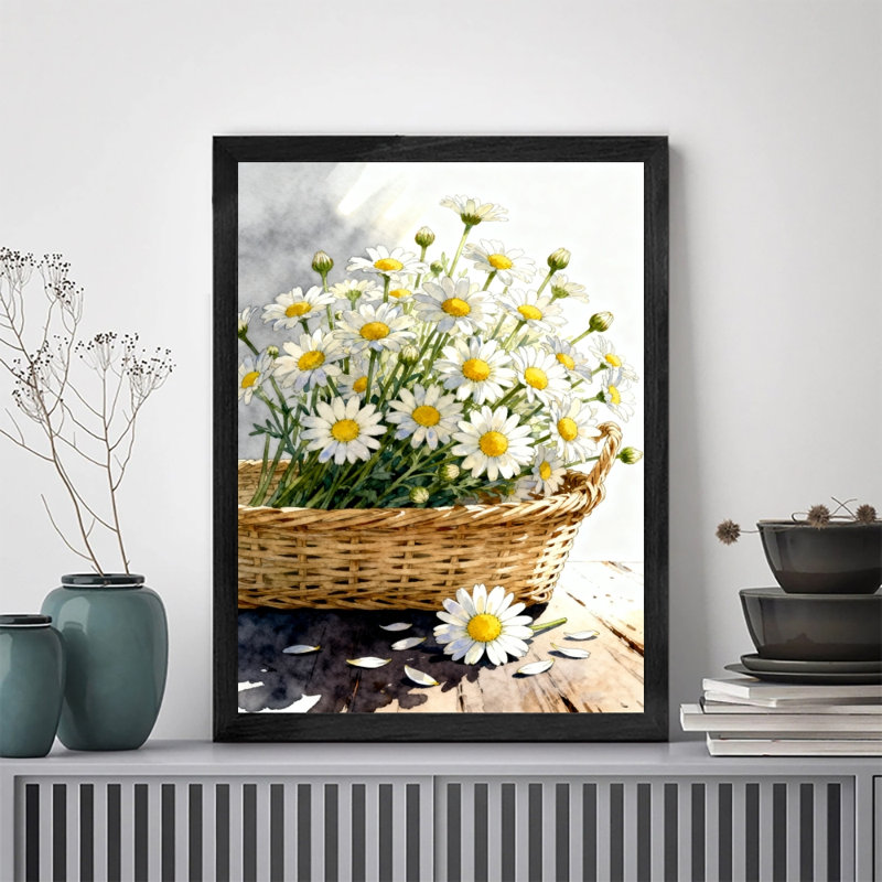 Art encadré noir, panier de fleurs rempli de marguerites, impressions de style rétro, H 17 po x l 13 po