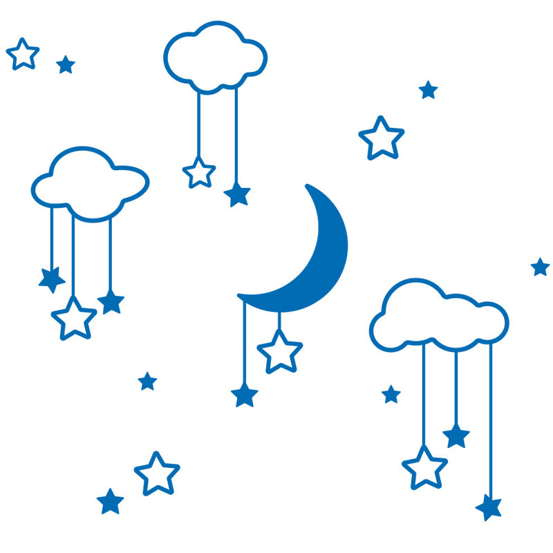 Décalcomanie murale étoiles et nuages lune, H 36 po x l 39 po x P 0,01 po, Bleu azur