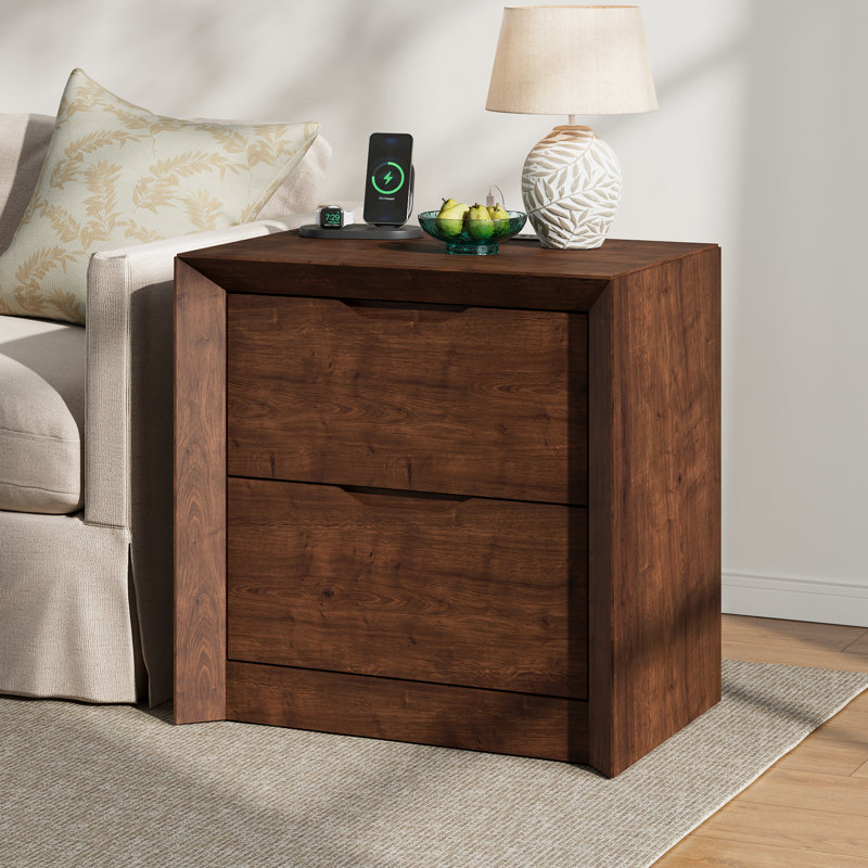 Table de chevet avec station de charge, table de chevet à panneau unique de 23,6 po au design épaissi, table de bout moderne en bois pour la chambre à coucher, le salon, la chambre double